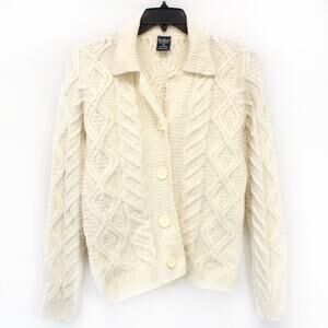 Paul James England grandma cottage Cable Aran 100% Wool Sweater Cardigan Small